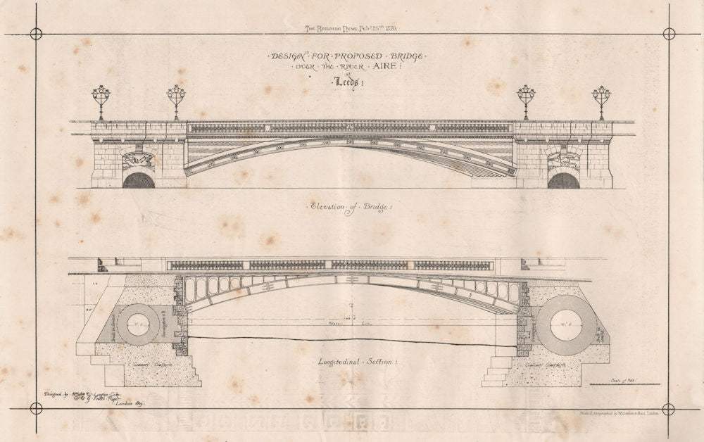 Design for proposed bridge over the River Aire, Leeds. Yorkshire 1870 print